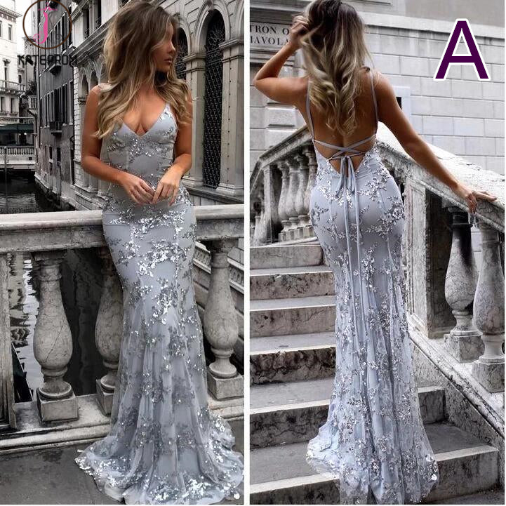 Spaghetti Straps V-neck Mermaid Sparkly Tulle Evening Dress,Long Prom Gowns KPP0274