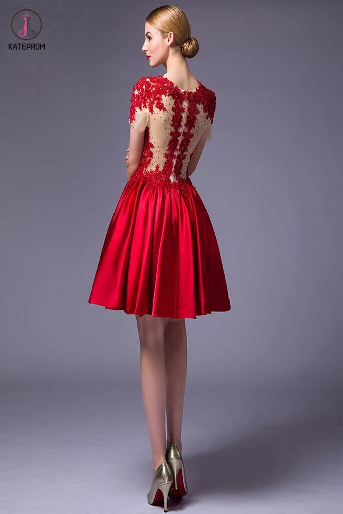 Cap Sleeves Beaded Red Lace Homecoming Cocktail Dresses KPH0016