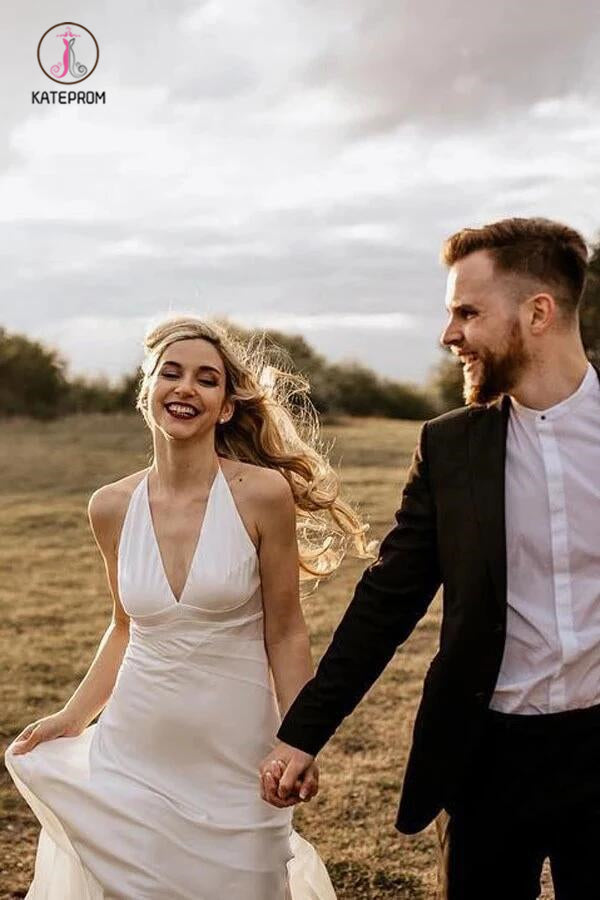 A Line Halter Ivory V Neck Beach Wedding Dresses, Sexy Sleeveless Boho Wedding Dresses KPW0501