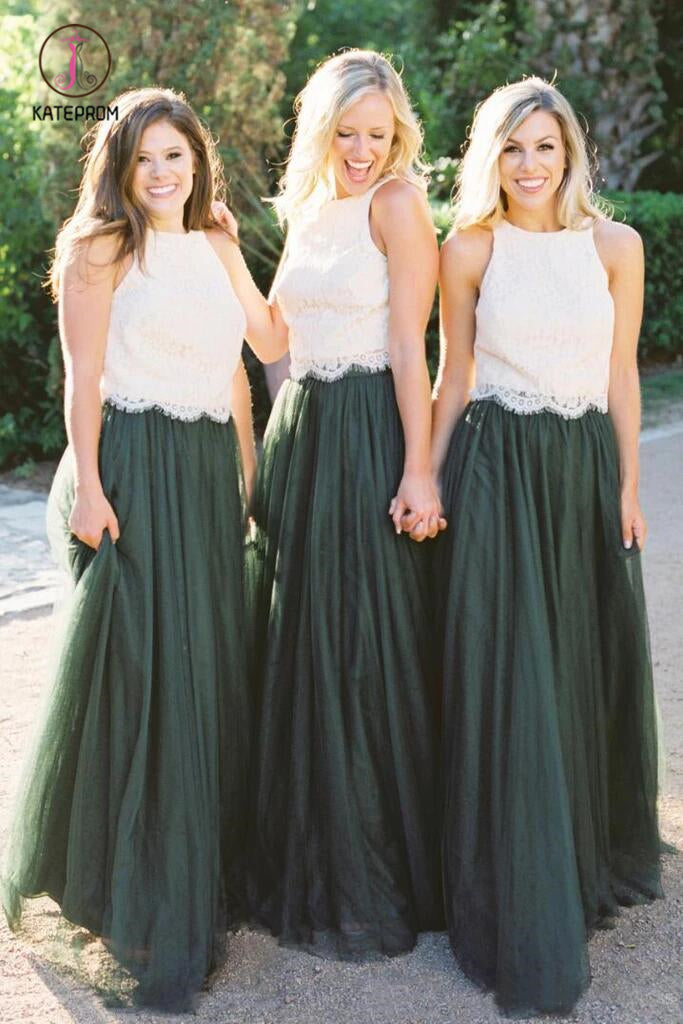 Two Piece Dark Green Lace Bodice Tulle Skirt A Line Custom Bridesmaid Dresses KPB0123