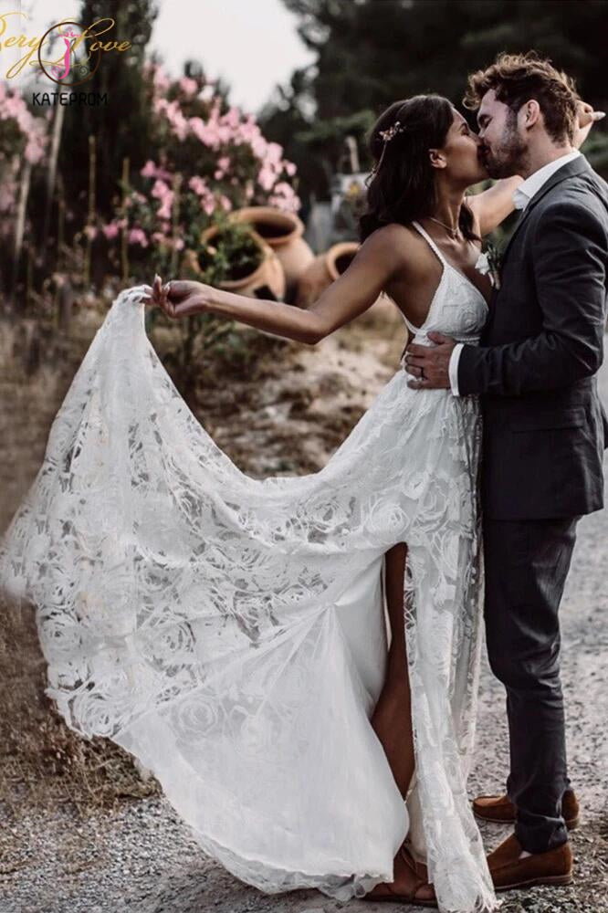 Straps Long Lace Wedding Dresses, Charming Lace Beach Wedding Dresses KPW0461