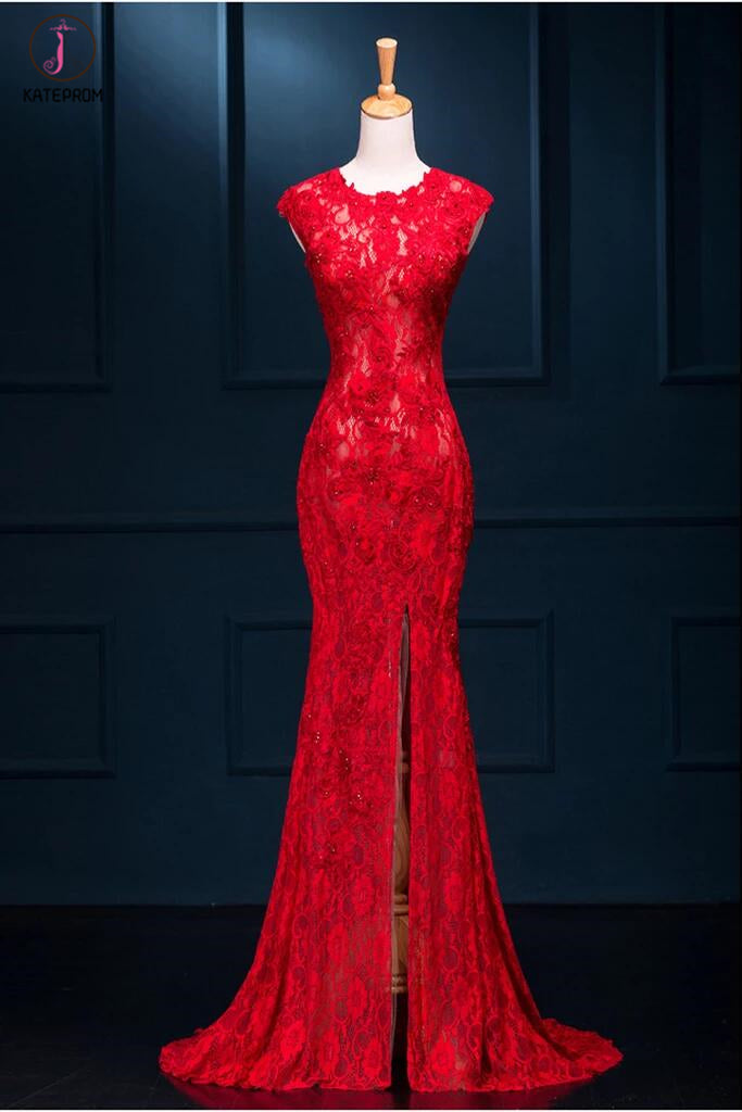 Long Sexy Red Lace See Through Split Mermaid Prom Evening Dresses KPP0064