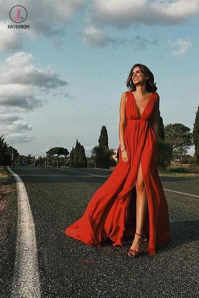 New Sexy Simple Deep V neck Soft Side Split Prom Dresses,Formal Gown KPP0417
