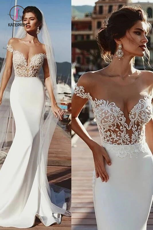 Mermaid Short Sleeves Sheer Neck Long Wedding Dress, Long Lace Appliques Bridal Dress KPW0438