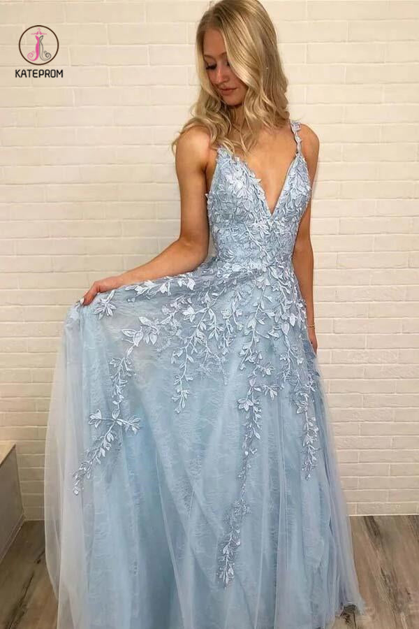 A Line Spaghetti Straps Light Blue Prom Dresses V Neck Lace Appliques Evening Dress KPP0002