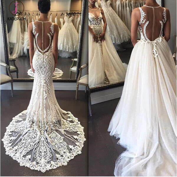 Gorgeous Illusion Tulle Detachable-Train Sleeveless Lace Applique Wedding Gown KPW0182