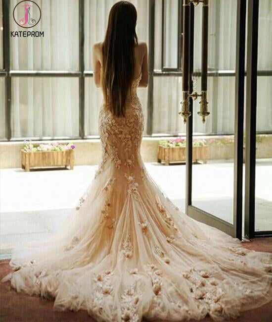 Pink Sweetheart Mermaid Long Prom Dress with Handmade Flowers,Beach Wedding Dress KPW0092