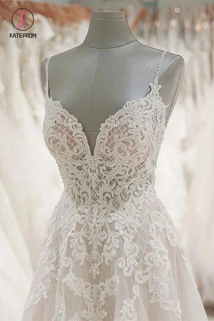 A Line Spaghetti Straps V Neck Beach Wedding Dresses Appliqued Tulle Bridal Dresses KPW0416