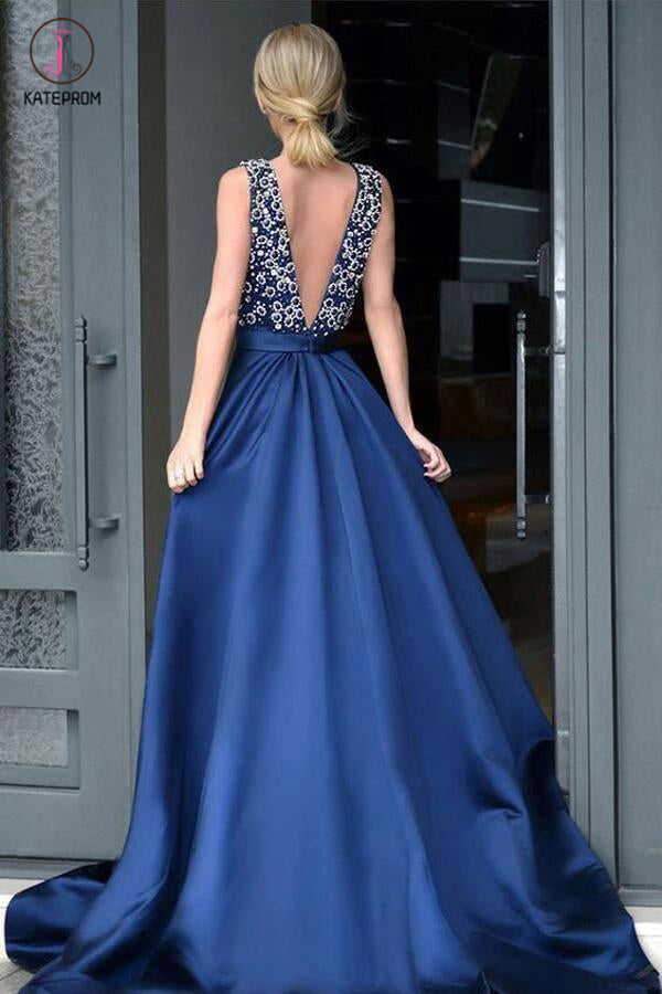 Elegant A-line Dark Blue Deep V-neck Satin with Beading Sweep Train Backless Prom Dress KPP0297