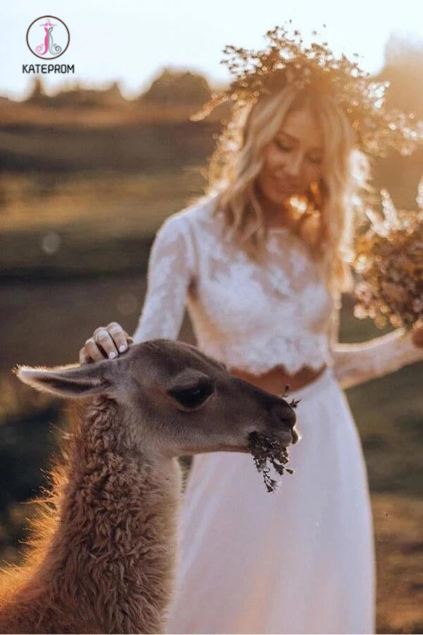 Two Piece White Beach Wedding Dress with Lace, Romantic Long Sleeves Bridal Dress KPW0504