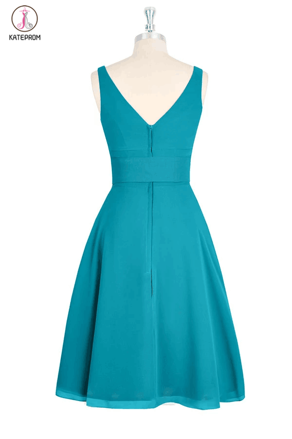 A-line V-neck Chiffon Turquoise Short Bridesmaid Homecoming Dresses KPB0007