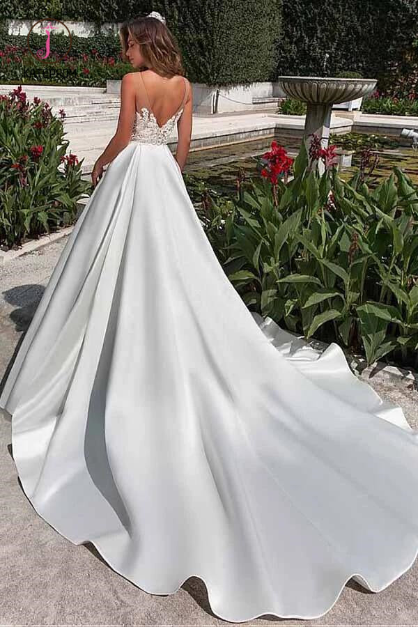 Charming Sheer Neckline A-line Satin Wedding Dress With Pockets Lace Appliques KPW0289