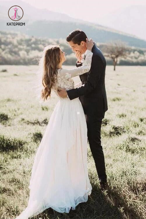 Long Sleeve Rustic Weding Dresses Lace Appliqued Ivory Chiffon Beach Wedding Dress KPW0409