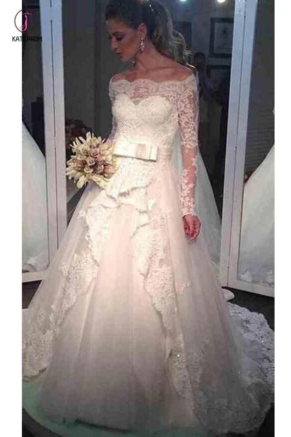 Elegant Tulle Lace Off-the-shoulder Bridal Dresses Long Sleeve Wedding Dress KPW0208