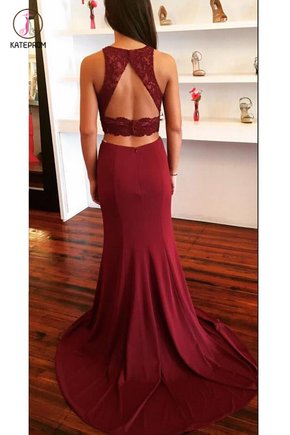 Burgundy Two Piece Open Back Prom Dress with Lace Sweep Train Evening Dress KPP0448