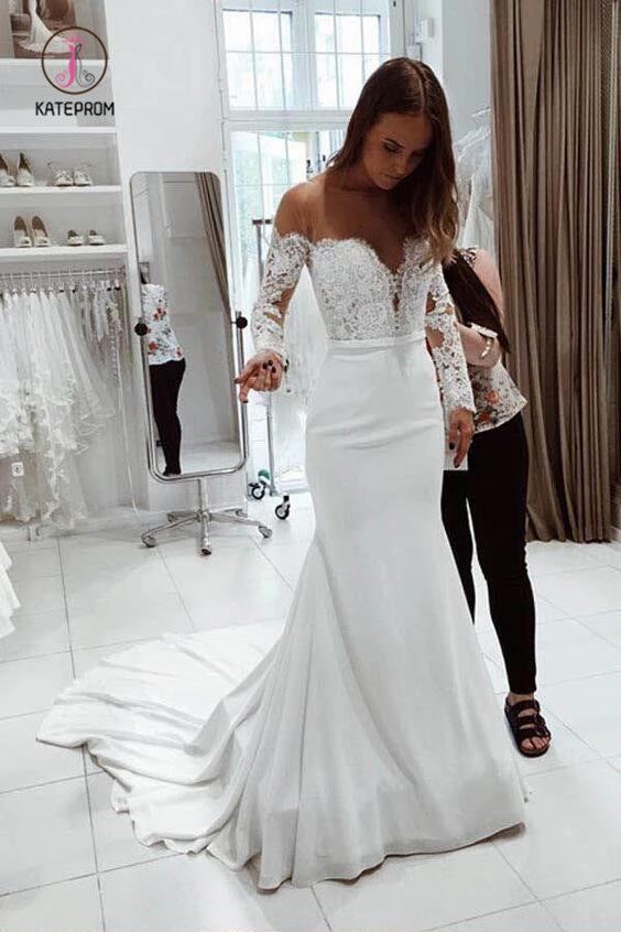 Mermaid Wedding Dress Long Sleeves Off the Shoulder Bridal Dress with Lace KPW0296