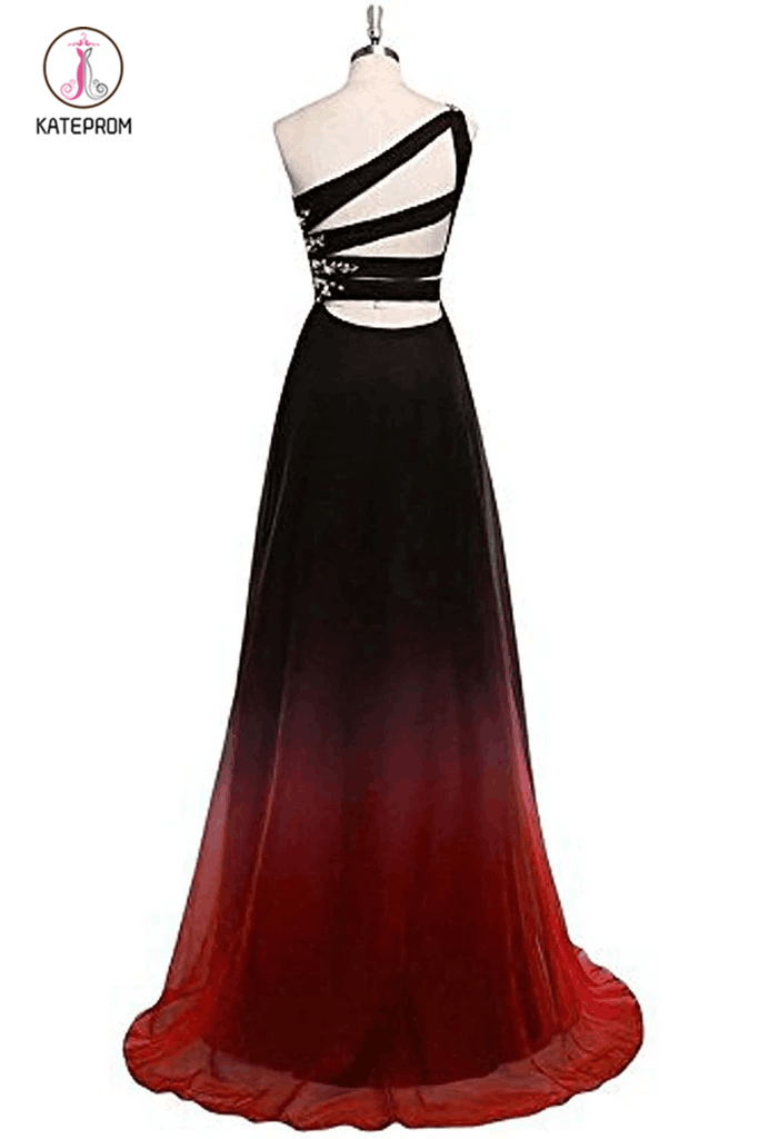 Gradient One Shoulder Chiffon Evening Dress,Ombre Prom Dresses with Beads KPB0104