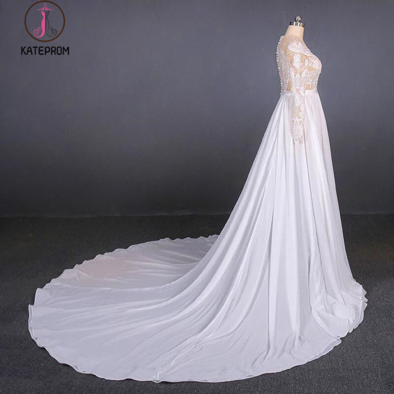 White Long Sleeves Chiffon Wedding Dress with Appliques, Gorgeous Long Bridal Dress KPW0496