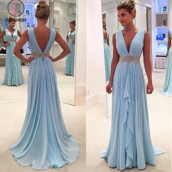 Sky Blue A Line Deep V Neck Sleeveless V Back Beading Pleats Chiffon Long Prom Dress KPP0249