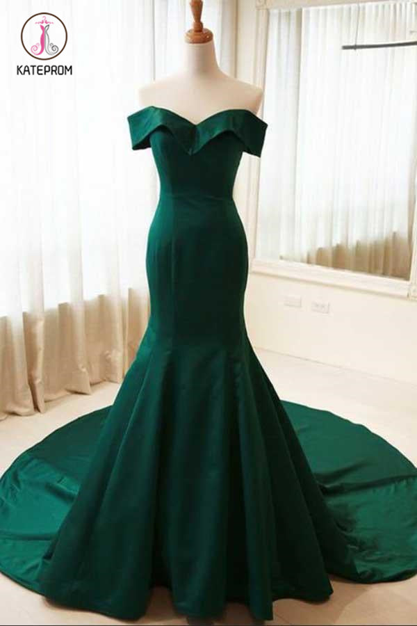 Dark Green Off the Shoulder Mermaid Prom Dress, Sexy Long Evening Dresses KPP0533