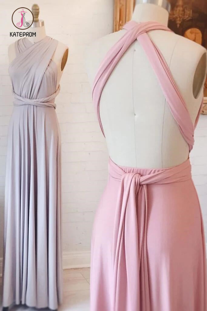 Unique Open Back Column Sleeveless Ruched Long Bridesmaid Dress, Prom Dress KPB0111