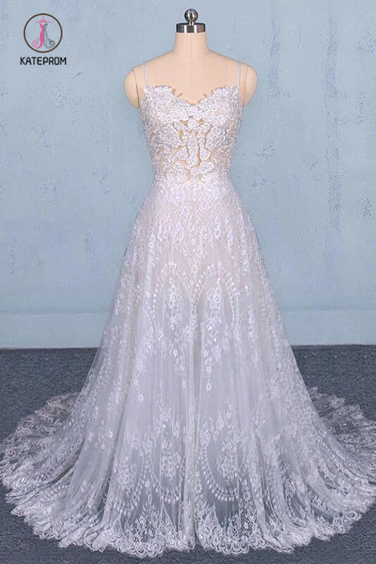 Spaghetti Straps Sweetheart Lace Wedding Dresses, Lace Bridal Dresses with Long Train KPW0464