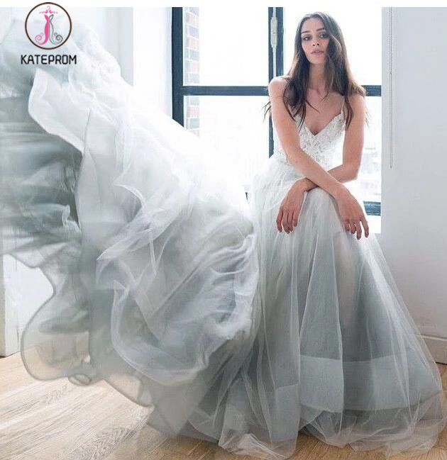 Spaghetti Strap Beach Wedding Dress, V Neck Tulle Long Prom Dress with Lace KPW0331
