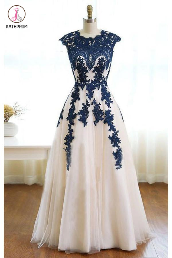 Dark Blue Appliques Ivory Tulle Prom Dress, Floor Length Elegant Evening Dresses KPP0503