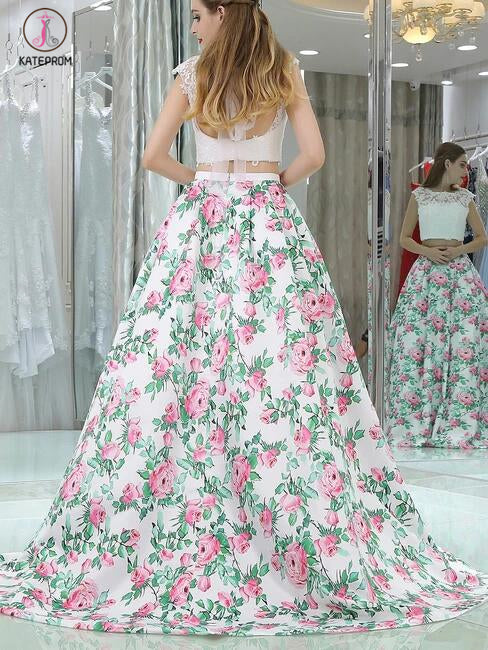 Sexy Princess Two Piece Cap Sleeves White Lace Floral Long Prom Dresses KPP0344