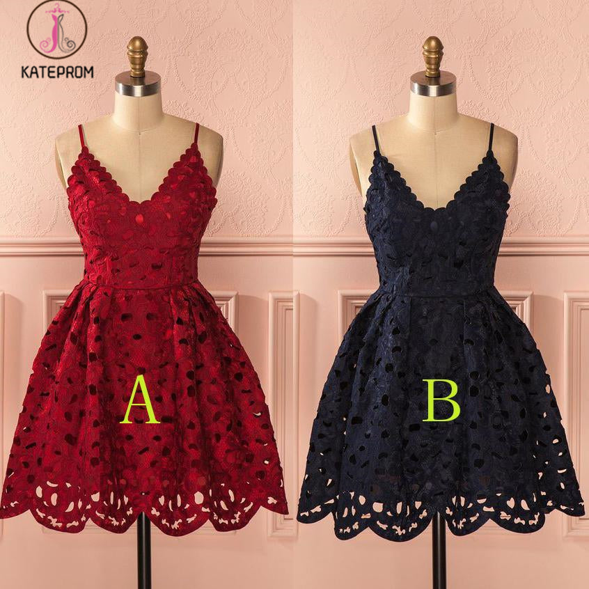 Spaghetti Straps Burgundy V-neck Mini Lace Backless Homecoming Dress,Fashion Party Dress KPH0261
