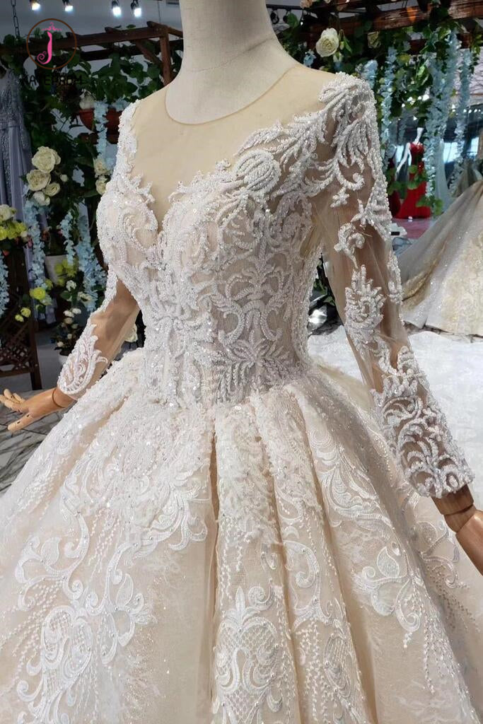 Princess Long Sleeves Sheer Neck Ball Gown Lace Wedding Dresses, Long Bridal Dress KPW0398