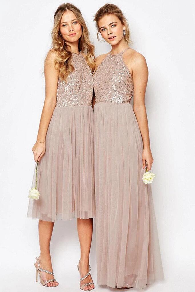 Gorgeous Glittering Top Tulle Halter Romantic Short Long Wedding Party Bridesmaid Dresses KPB0195