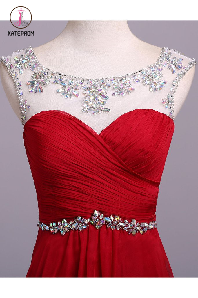 Red Floor Length Chiffon Prom Dress with Crystals, A Line Pleated Evening Dress KPP0568