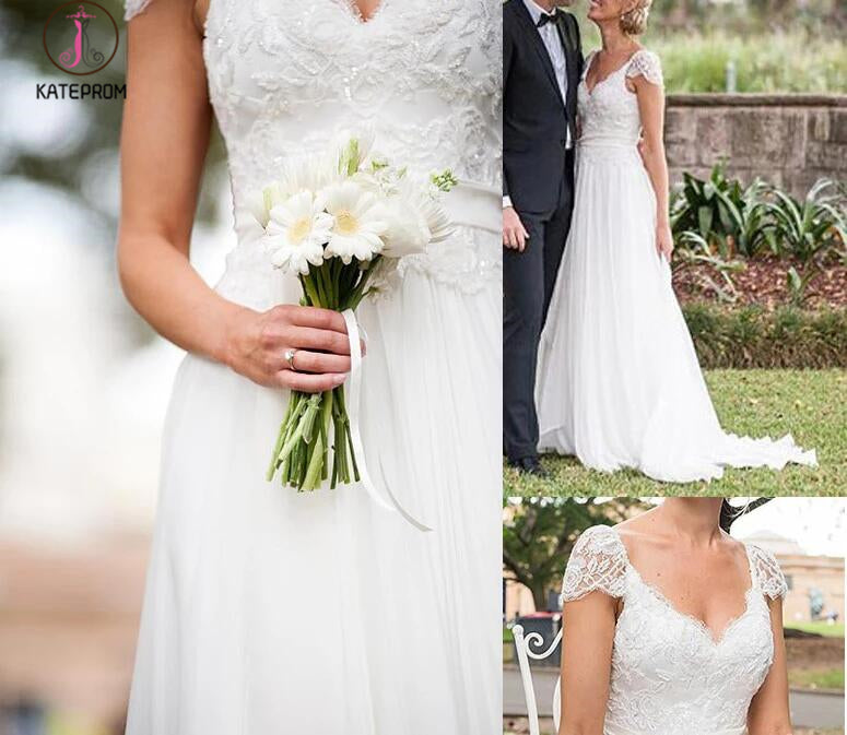 V-neck A-line Cap Sleeves Lace Ivory Chiffon Beach Wedding Dress KPW0019