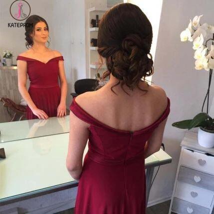 Burgundy Off-the-Shoulder Floor-length Ruched Satin Long Prom Dresses,Evening Dresses KPP0232