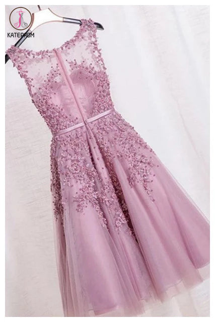 Elegant Appliques Prom Dress,Formal Short Homecoming Dress,Sleeveless Tulle Prom Gown KPH0154