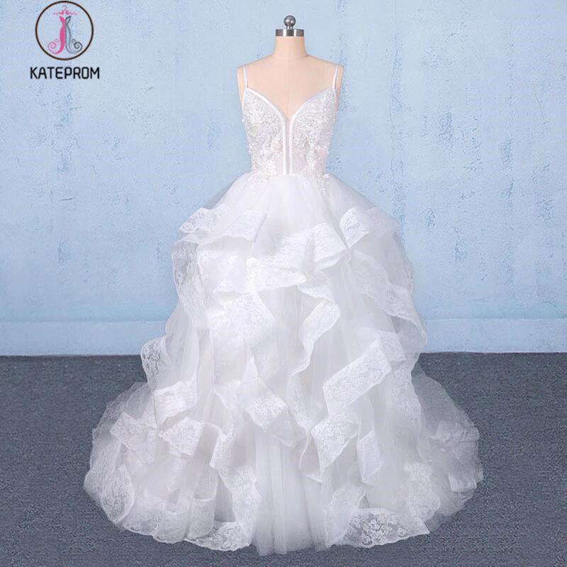 Spaghetti Straps Floor Length Tulle Wedding Dress with Ruffles, Long Bridal Dress KPW0489
