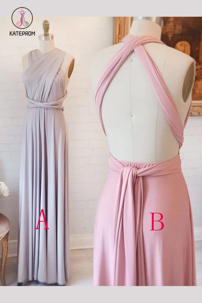 Unique Open Back Column Sleeveless Ruched Long Bridesmaid Dress, Prom Dress KPB0111