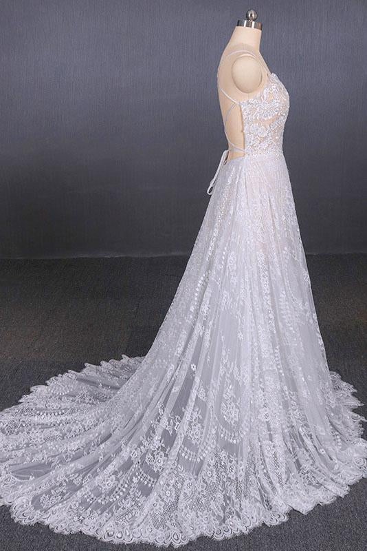 Spaghetti Straps Sweetheart Lace Wedding Dresses, Lace Bridal Dresses with Long Train KPW0464