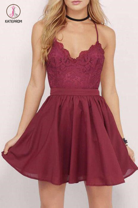 Spaghetti Straps Chiffon Short Homecoming Dress with Lace Top,Mini Grad Dress KPH0254