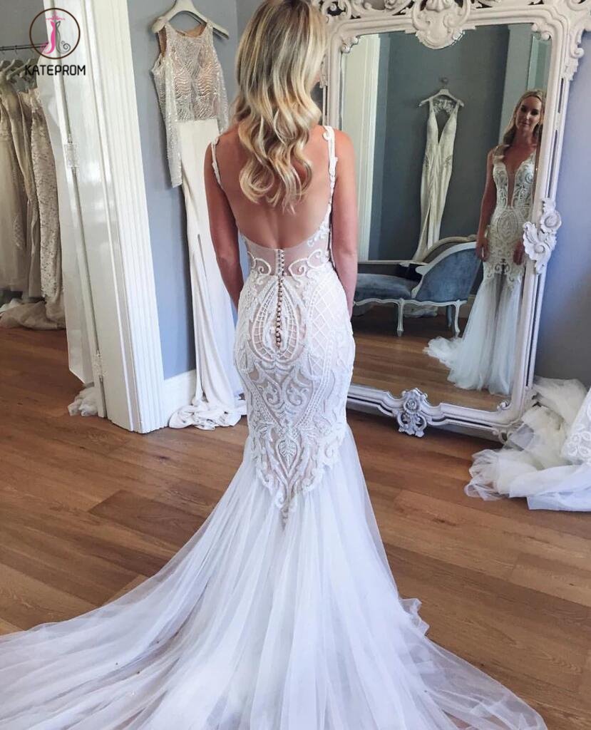 Mermaid Lace Deep V-neck Sleeveless Long Tulle Beach Wedding Dress,Bridal Gown KPW0159