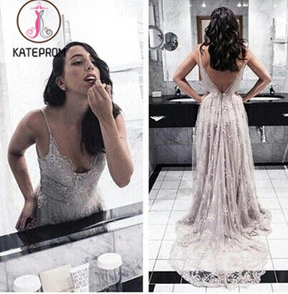 Tulle V-Neck Backless Prom Dresses,Floor-Length Prom Dress with Lace KPP0139