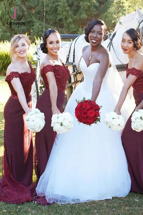 Elegant Mermaid Off Shoulder Beaded Bodice Sweep Train Bridesmaid Dress with Ribbon KPB0112