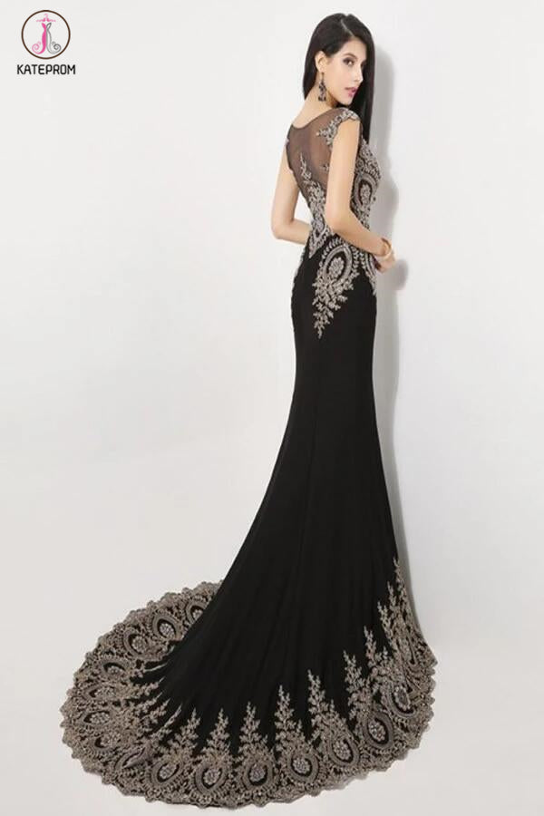 Sweep Train Black Long Cap Sleeve Beaded Prom Dresses KPP0051