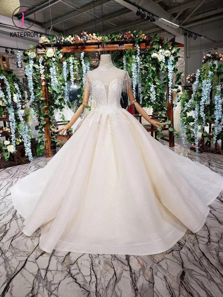 Off White High Neck Ball Gown Wedding Dresses, Open Back Beaded Bridal Dresses KPW0337