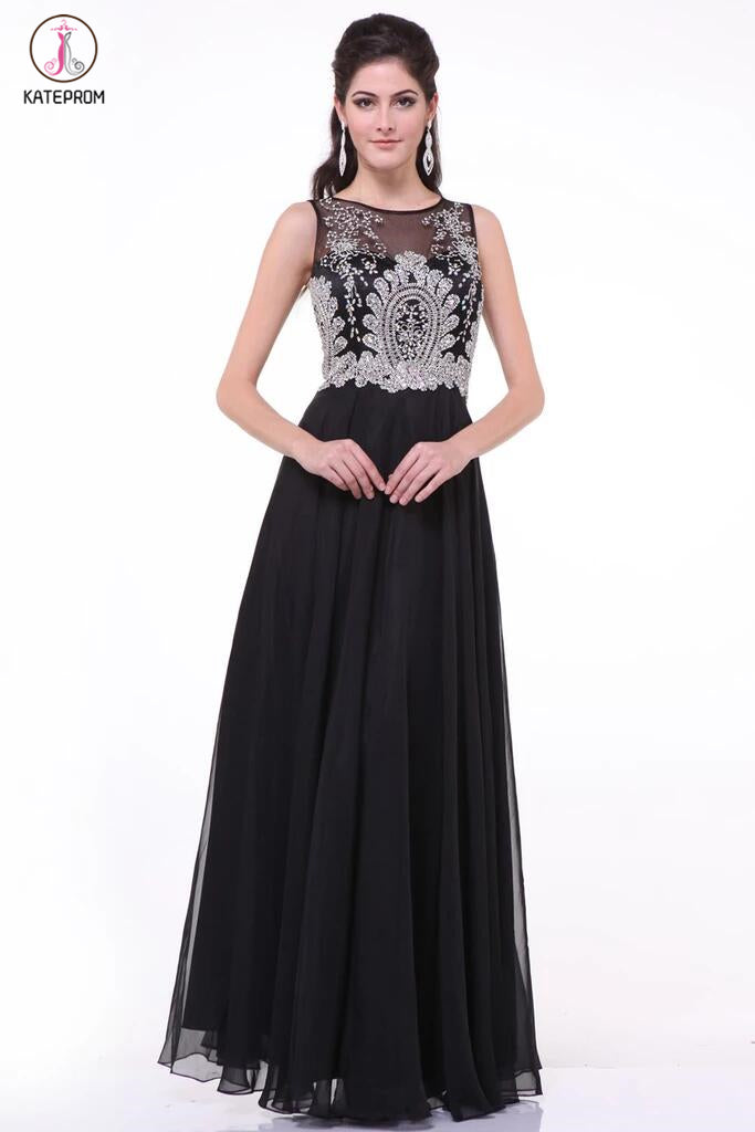 Chiffon Black Beaded Cap Sleeves Long Prom Dresses KPP0054