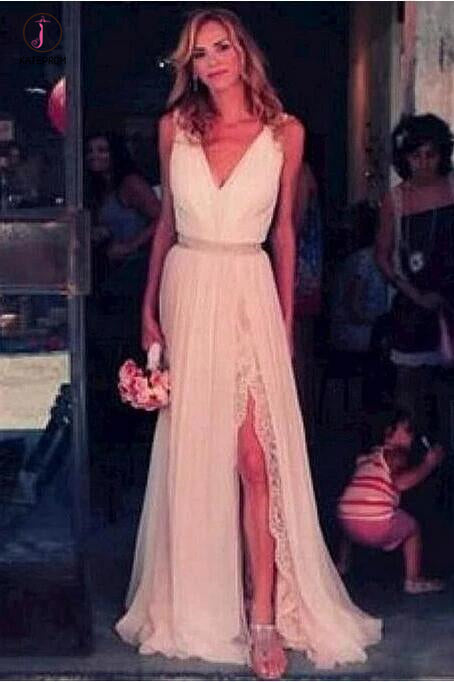 Flowing V-Neck A-Line Split Wedding Dresses With Lace, Beach Wedding Dress with Beads KPW0220