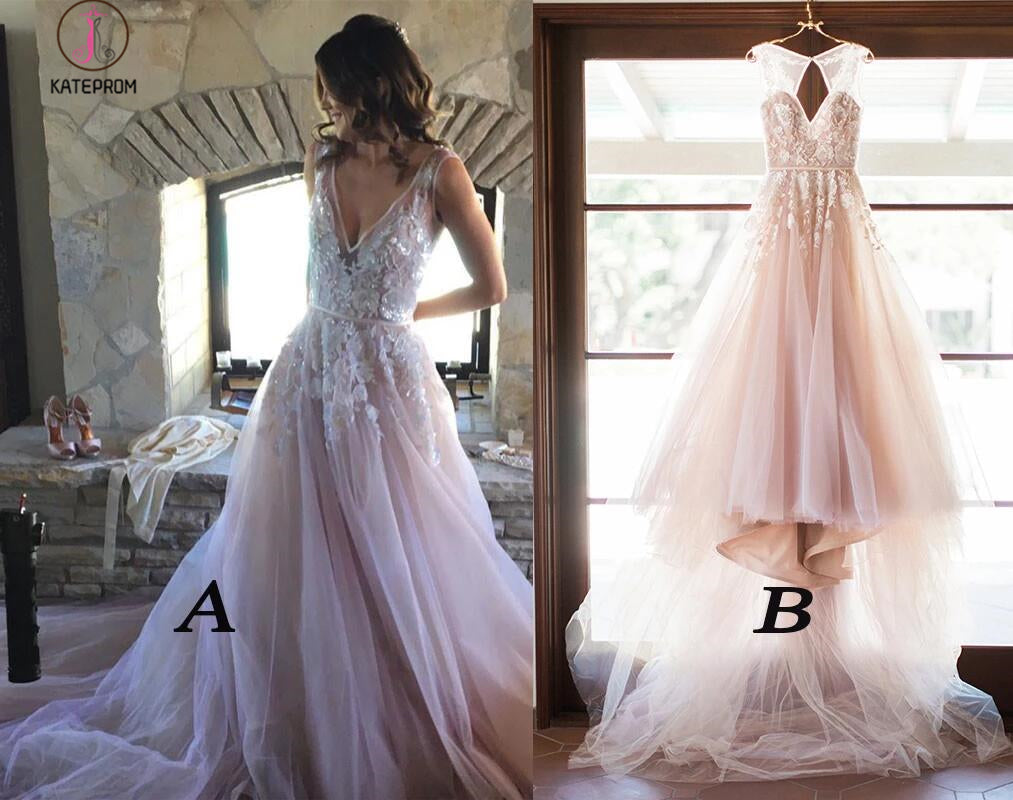 A-line V-neck Lilac Appliques Sleeveless Tulle Long Wedding Dress,Open Back Prom Dress KPW0140
