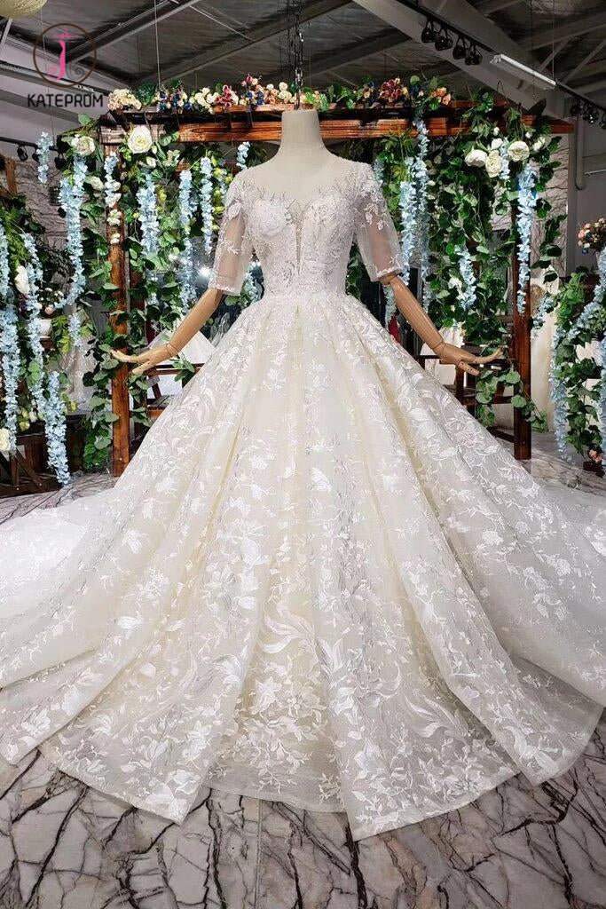Gorgeous Lace Wedding Dress with Half Sleeves, Ball Gown Long Wedding Dresses KPW0330
