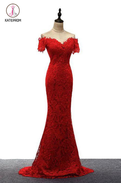 Red Off the Shoulder Mermaid Lace Prom Dresses, Sweep Train Long Evening Dresses KPP0565